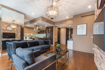 Luxury studio apartment. Open Kitchen and living room space. Dark blue sofa, grey armchair and a coffee table of glass