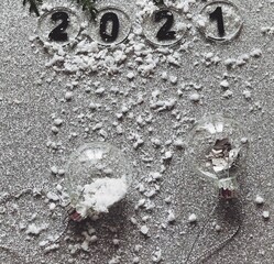 Glitter Christmas decorations. New year flat lay 2021. 