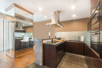 Kitchen with a marble counter, equipped with cooker, oven, fridge