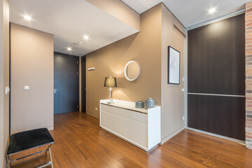 Obraz na płótnie Canvas Entrance hall in the bright modern apartment. Hallway dresser with lamp