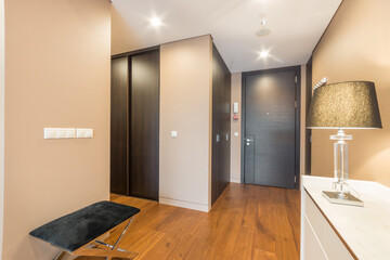 Entrance hall in the bright modern apartment. Hallway dresser with lamp