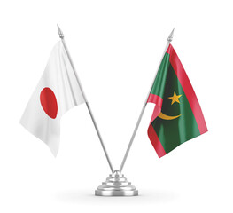 Mauritania and Japan table flags isolated on white 3D rendering