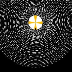 Disegno grafico la luce in fondo al tunnel. Preghiera. Aldilà. Corpo astrale. Croce, religione.