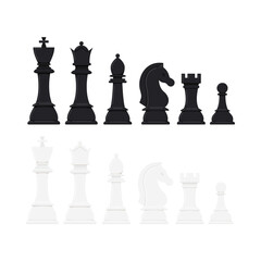 Chess pieces vector icon set isolated on white background. Black and white chess figures - king, queen, bishop, knight, rook, pawn game disign elements. Flat design cartoon style clip art illustration