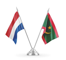 Mauritania and Netherlands table flags isolated on white 3D rendering