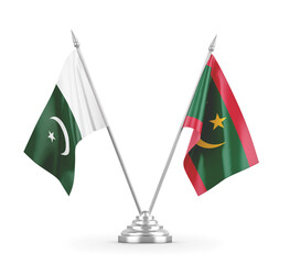 Mauritania and Pakistan table flags isolated on white 3D rendering