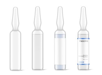 Transparent glass ampule for vaccine injections mockup. Vector illustration isolated on white background. Can be use for medicine, cosmetic and other. Ready for your design. EPS10.	