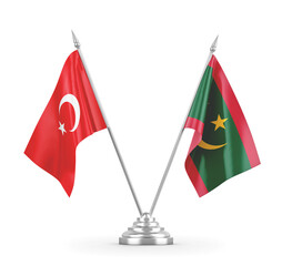 Mauritania and Turkey table flags isolated on white 3D rendering