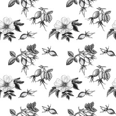 The flowers and berries of wild rose. Botanical, vintage, seamless pattern .Digital illustration