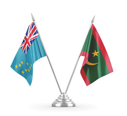 Mauritania and Tuvalu table flags isolated on white 3D rendering