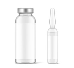 Transparent glass ampule and bottle for vaccine injections mockup. Vector illustration isolated on white background. Can be use for medicine, cosmetic and other. Ready for your design. EPS10.	