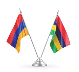 Mauritius and Armenia table flags isolated on white 3D rendering 