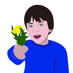 Portrait of a boy with a dandelion flower in his hand