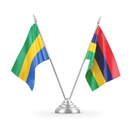 Mauritius and Gabon table flags isolated on white 3D rendering