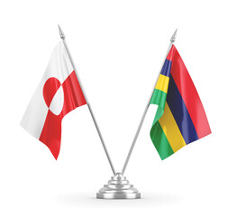 Mauritius and Greenland table flags isolated on white 3D rendering