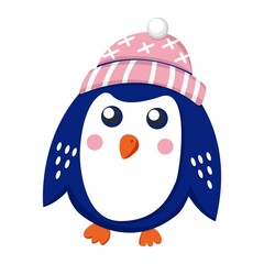 Dark blue baby penguin wearing pink and white hat. Orange beak and feet. Flat cartoon style. Cute and funny. Merry Christmas. Happy New Year. Template for kids stickers, post cards and posters