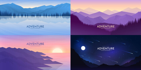 Vector abstract background set. Minimalist style. Flat concept. 4 landscapes collection. Mountain view, forest trees, night scene, water and rocks. Geometric polygonal design. Website template