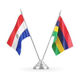 Mauritius and Paraguay table flags isolated on white 3D rendering