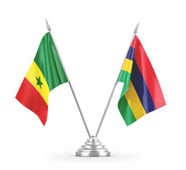 Mauritius and Senegal table flags isolated on white 3D rendering