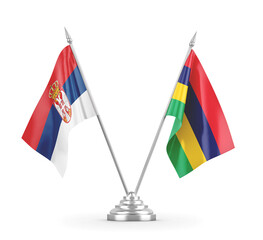 Mauritius and Serbia table flags isolated on white 3D rendering