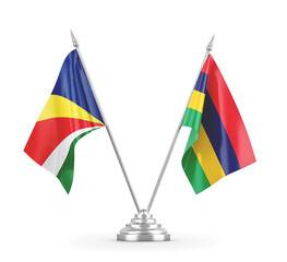 Mauritius and Seychelles table flags isolated on white 3D rendering