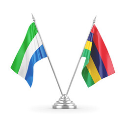Mauritius and Sierra Leone table flags isolated on white 3D rendering