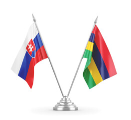 Mauritius and Slovakia table flags isolated on white 3D rendering