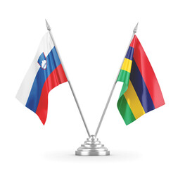 Mauritius and Slovenia table flags isolated on white 3D rendering
