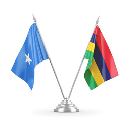 Mauritius and Somalia table flags isolated on white 3D rendering