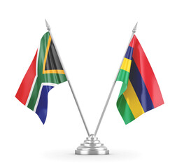 Mauritius and South Africa table flags isolated on white 3D rendering