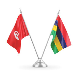 Mauritius and Tunisia table flags isolated on white 3D rendering