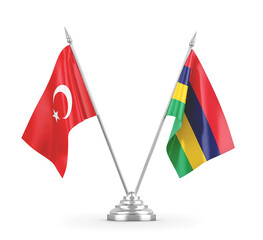 Mauritius and Turkey table flags isolated on white 3D rendering