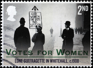 Picture of lone suffragette in London on british stamp