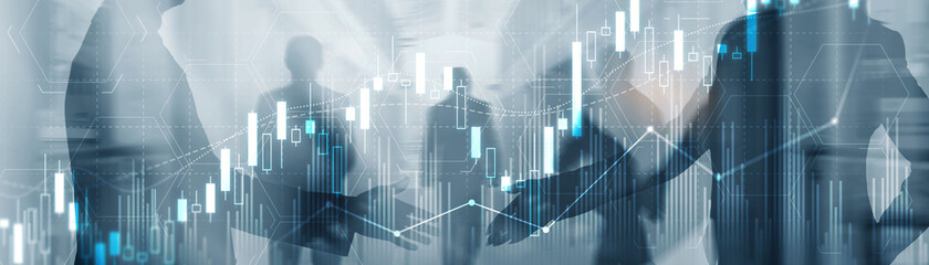 Stock Market on cityscape and silhouettes people background.