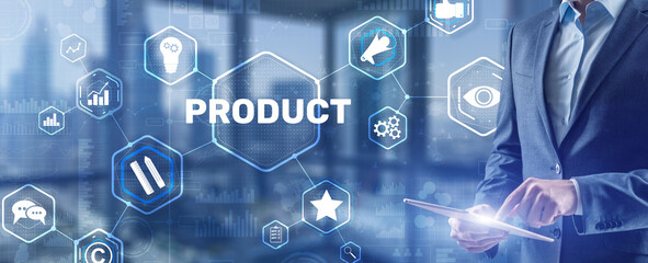 Business hand pushing product quality on virtual screen interface.