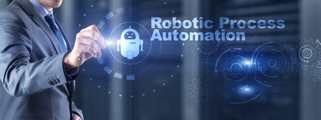 Fototapeta na wymiar RPA Robotic Process Automation. Technology concept on virtual screen. Ai algorithm analyze Business.