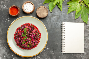 top view vinaigrette salad with seasonings on dark background photo health food
