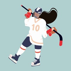 Female ice hockey player in hockey equipment. Hockey girl with stick . Winter team sport. Flat cartoon vector illustrations on blue background.