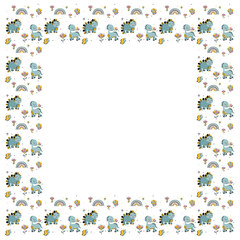 Cute childish girly summer square isolated frame of smiling baby dinosaurs brontosaurus and stegosaurus, butterflies, rainbows, abstract flowers on white background. Scandinavian blank border. Vector.