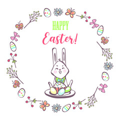 Greeting card with Easter bunny, Easter cake and Easter eggs in a round frame of floral elements and Easter eggs. Vector illustration.