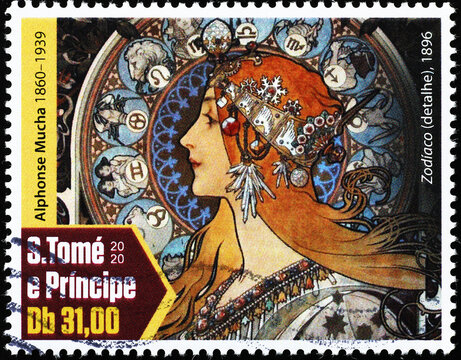 Detail of Zodiac painted by Mucha on postage stamp