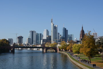 Panoramic view on Frankfurts Skyline, seen from a bridge over the river Main, Frankfurt, Germany