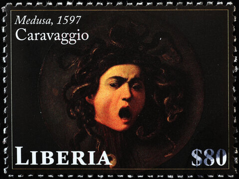 Head of Medusa by Caravaggio on postage stamp