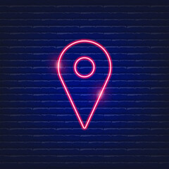 Pin Location neon sign. Geolocation icon. Vector illustration for web design. Delivery concept.