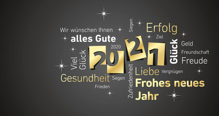 Happy New Year 2021 word cloud on German language golden white black background and numbers negative space