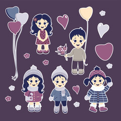 A set of stickers. Lovely children - boys and girls in winter and summer clothes. Items - balloons, flowers, hearts and daisies. Vector illustration. Kids collection for design, decoration and decor