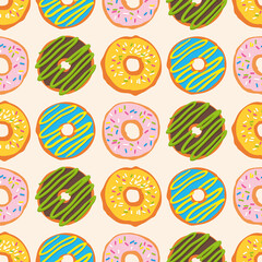 Vector seamless pattern with bright sweet donuts