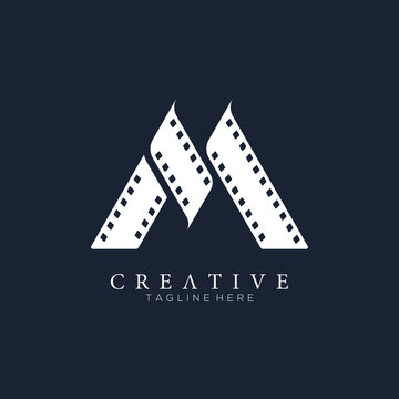 Elegant white letter M logo for strip film vector illustration and black background