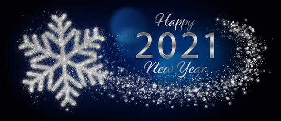 Happy 2021 New Year Greeting Card With Silver Snowflake In Abstract Blue Night