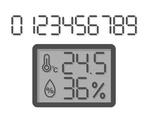 Display of an electronic device. Font with numbers from 0 to 9. Icons for temperature and humidity indicators. Hygrometer and thermometer. flat vector illustration. isolated on a white background.